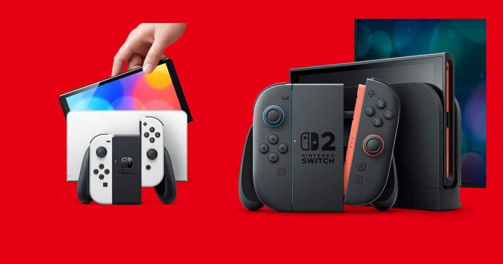 Nintendo Switch OLED junto a Nintendo Switch 2 para comparar su tamaño