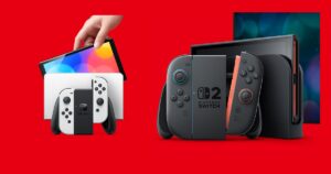 Nintendo Switch OLED junto a Nintendo Switch 2 para comparar su tamaño