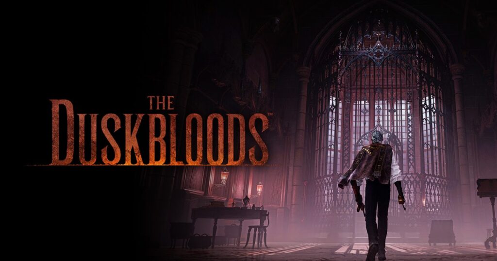 Arte oficial de The Duskbloods: un Bloodsworn camina hacia el ventanal de una catedral gótica en penumbra