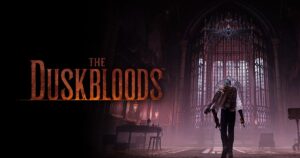 Arte oficial de The Duskbloods: un Bloodsworn camina hacia el ventanal de una catedral gótica en penumbra