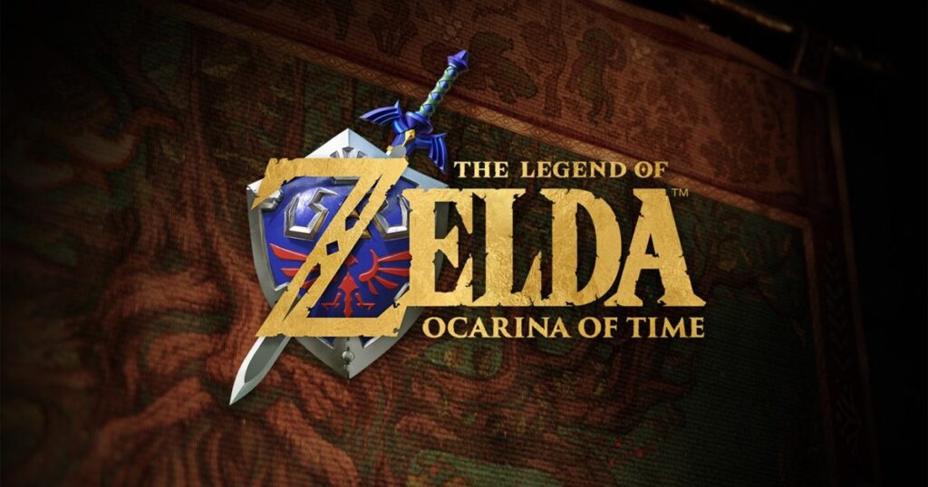 Arte oficial de The Legend of Zelda: Ocarina of Time para Switch 2: la Espada Maestra y el escudo hyliano sobre un tapiz
