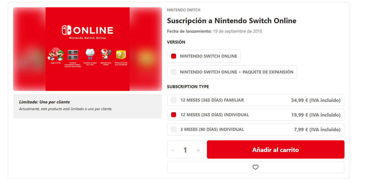 Captura de la tienda oficial de Nintendo con los precios de Nintendo Switch Online: 34,99 € la familiar de 12 meses, 19,99 € la individual de 12 meses y 7,99 € la individual de 3 meses