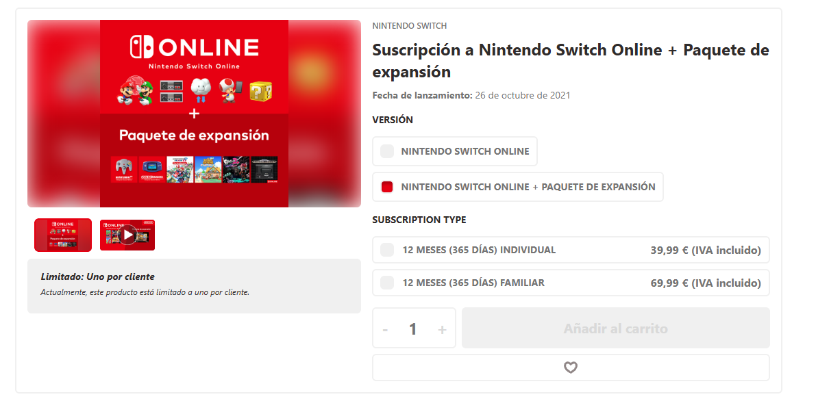 Captura de la tienda oficial de Nintendo con los precios del Paquete de Expansión: 39,99 € la individual de 12 meses y 69,99 € la familiar de 12 meses
