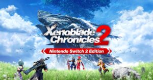Arte oficial de Xenoblade Chronicles 2 Nintendo Switch 2 Edition con el grupo protagonista sobre el Titán y el cielo de Alrest