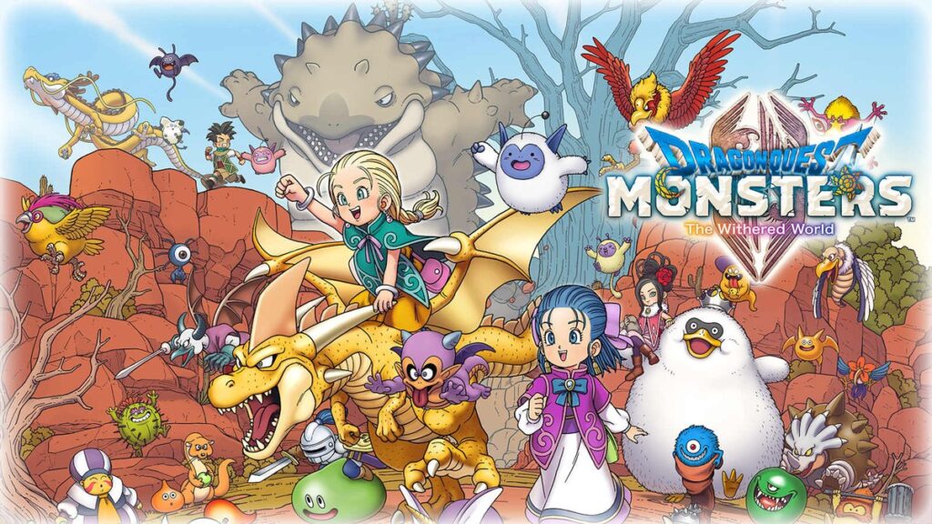 Arte oficial de Dragon Quest Monsters: The Withered World para Switch 2, con monstruos y un dragón