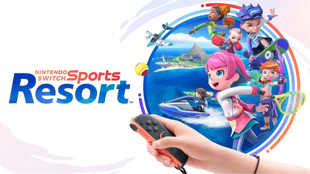 Arte oficial de Nintendo Switch Sports Resort para Switch 2, con varios deportes y un Joy-Con 2 en la mano