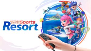 Arte oficial de Nintendo Switch Sports Resort para Switch 2, con varios deportes y un Joy-Con 2 en la mano