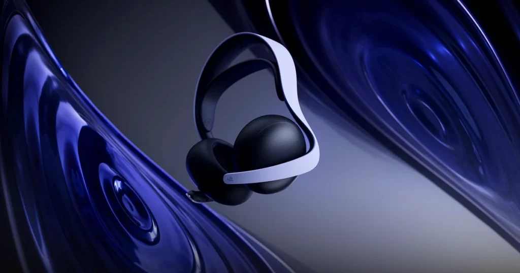 Auriculares inalámbricos PlayStation Pulse Elite en blanco y negro sobre fondo azul, imagen oficial de Sony