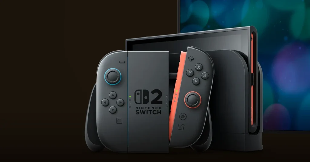 Nintendo Switch 2 en su base, con los Joy-Con 2 en el soporte, junto a un televisor